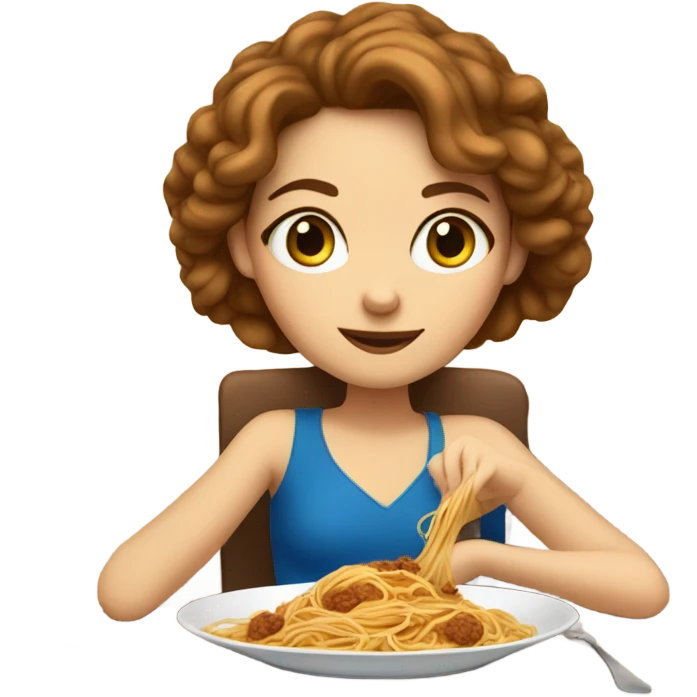 White girl blue eyes brown hair eating spaghetti  emoji
