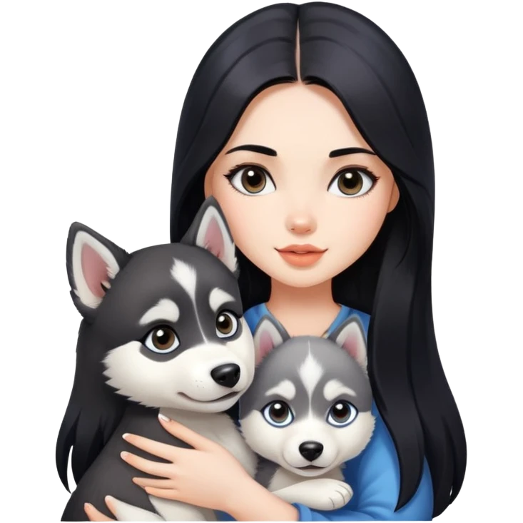 beautiful girl with long black hair holding a cute husky puppy emoji