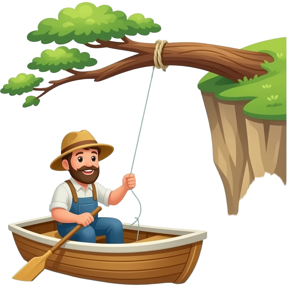 a fisherman in a boat with his line snagged on a tree thats hanging off a cliff emoji