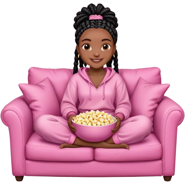 A dark-skinned Black woman with black box braids, holding a large bowl of popcorn in her lap, smiling, wearing comfy loungewear sitting on pink couch. emoji
