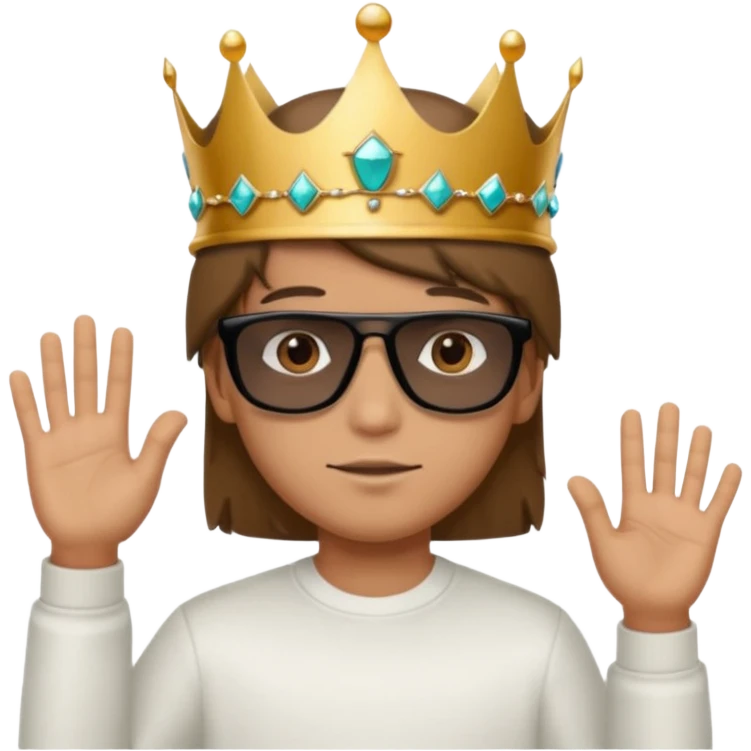 Un niño con cabello lacio no muy largo color marrón castaño,ojos marrones,piel no muy blanca, que tenga lentes de sol color negro,reloj en la mano derecha y una corona como sombrero emoji