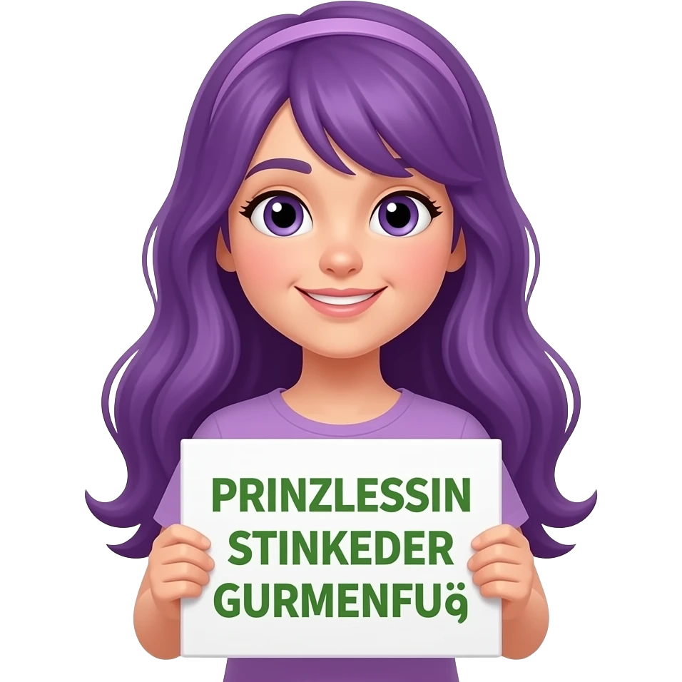 girl with long purple hair with a PRINZESSIN STINKENDER GURKENFUß sign emoji