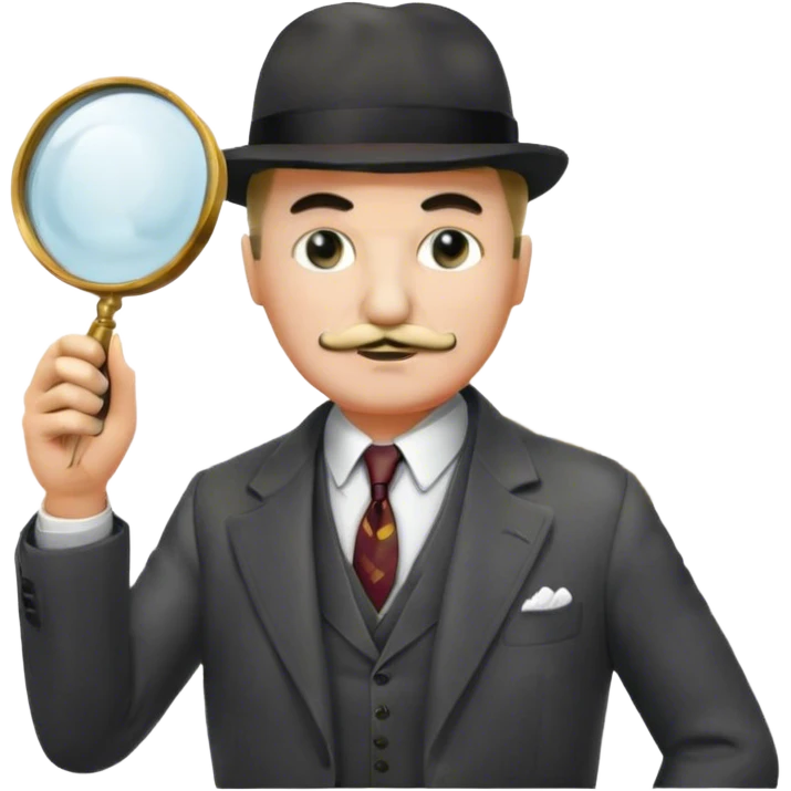 A cinematic-style frame showing Hercule Poirot in his iconic suit with a magnifying glass in a dramatic detective pose. Background should be mysterious city background and subtle clues like fingerprints or a crime scene. Transparent background. emoji