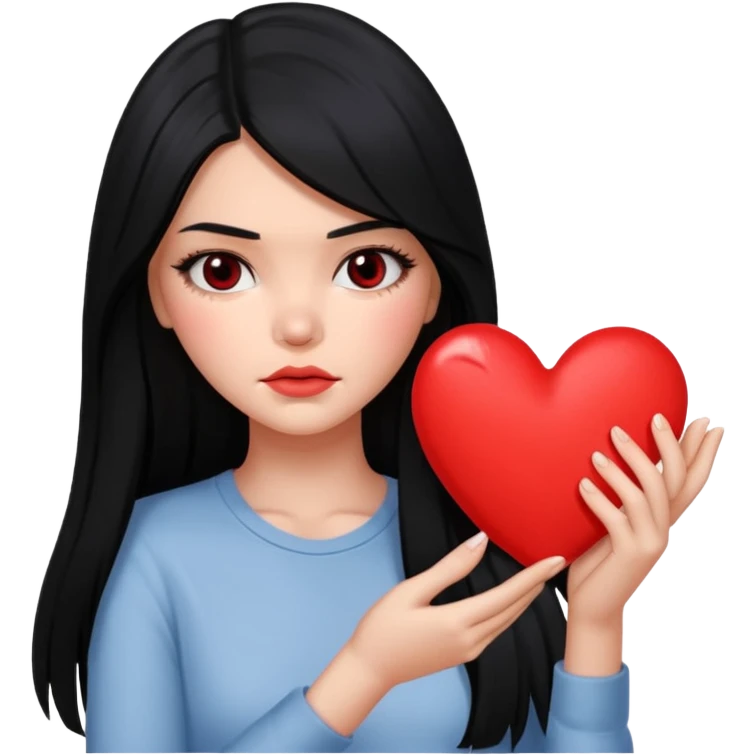 A Kendall Jenner with long black hair is sad and holds a red heart in her hands emoji