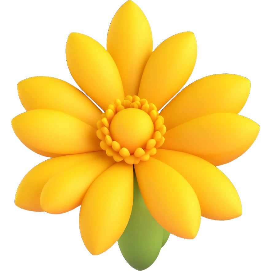 3D iOS cartoon style illustration of a yellow flower with voluminous, soft, and playful look. Emphasize rounded, dimensional shapes and bright colors typical of iOS emojis. Keep it natural and expressive without any smiles or faces or anthropomorphic features. emoji