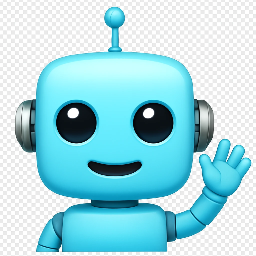Edit the image to depict a light blue (#b0f2f8) cute robot with an antenna on its head, waving, in the style of an apple emoji. emoji