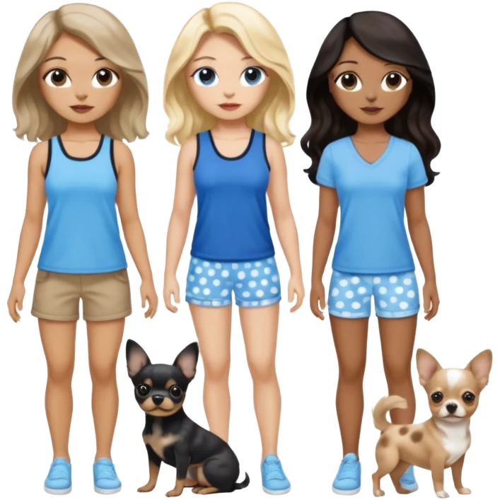 Three women in summer clothes, brown eyed light skin with dark blonde long hair and Brown eyed light skin black long wavy hair and blue eyed light skin long blonde hair with blue spotted Merle Frenchie and also a black and tan chihuahua  emoji