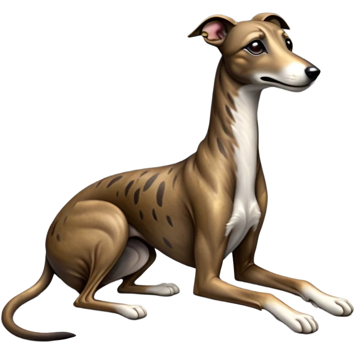 cinematic-[brindle greyhound]-realistic-full-body-sitting-emoji,-tail-resting-loosely-beside-its-paws,-head-tilted-dramatically, -sleek-[brindle]-fur,-simplified-yet-realistic-focused-features,-highly-detailed,-glowing-with-an-almost-sarcastic-glow emoji