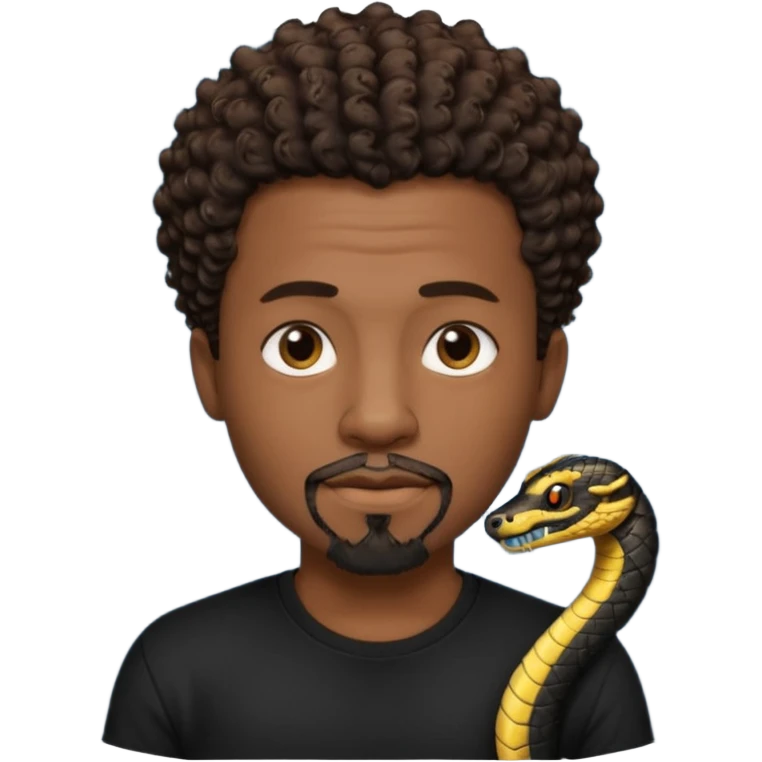 Homme noir, yeux marron avec un bouc que le menton, cheveux court et bouclé crépus avec dégradé sur le côté, avec un cobra à côté , t-shirt noir  emoji