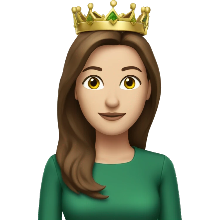 pretty 40 year old woman green eyes  shoulder length straight brown hair gold crown emoji
