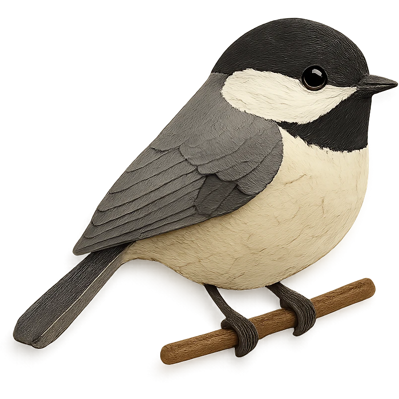 Carolina Chickadee on a branch, layered paper details, realistic feather patterns, black cap and bib, pale underparts emoji