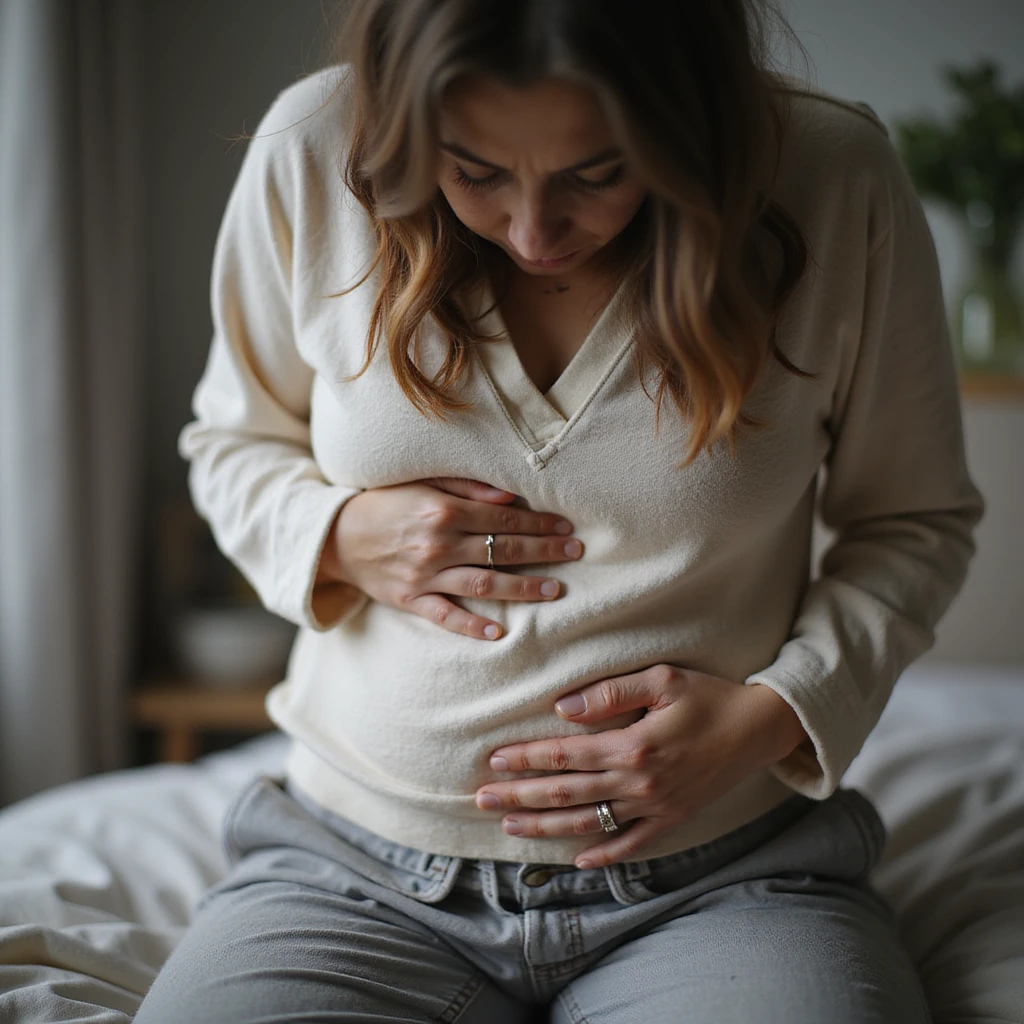 hyperrealistic 4K detailed image of a woman with hormonal imbalance, hand on bloated abdomen, wearing comfortable clothes, expression of discomfort, domestic environment emoji