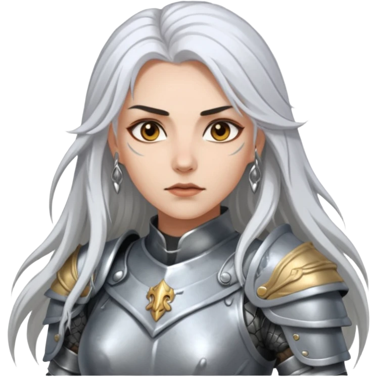 White Long Haired Women, Warrior woman — silver armor, piercing gaze emoji