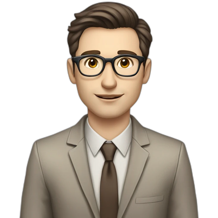 Pale skinned fit man with dark brown hair in gray jacket, beige office shirt, brown tie, brown pants and vintage glasses Writing text on the flipchart emoji