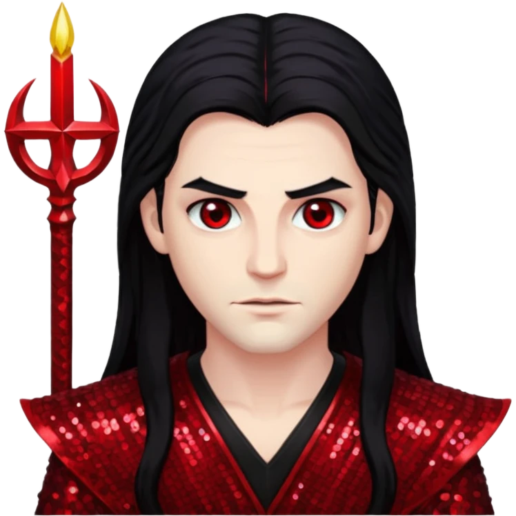 Lucifer from The Bible with long black hair, dark red sequin outfit emoji