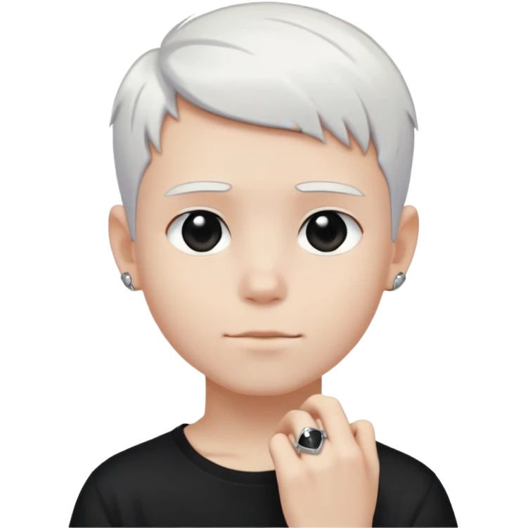 just a boy with TOTALLY WHITE SHORT HAIR (pure white like paper or snow, not gray, not blonde), wearing dark t-shirt, silver ring with black stone emoji
