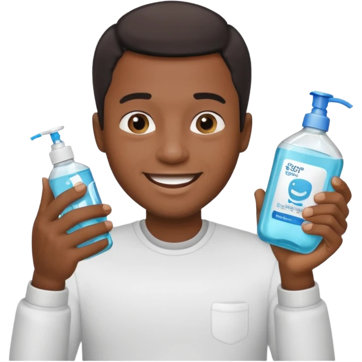 Apple emoji style, Black man with short hair, smiling and holding mouthwash emoji