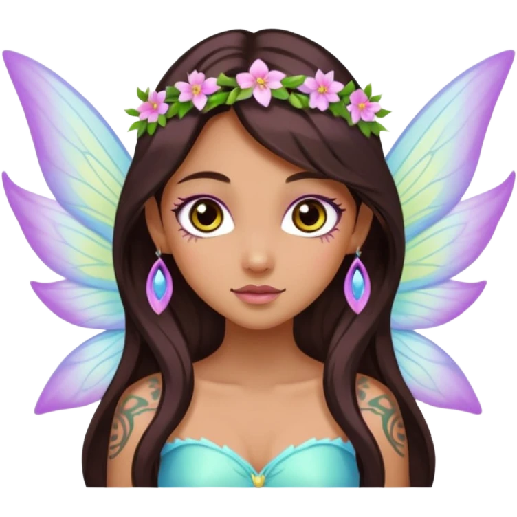 Earthreal sparkly angelic mystical magical shiny pretty Fairy. Dark Brown eyes, Caramel skin, Long dark brown hair. White, hot pink and light blue and lavender, light green, light yellow fairy wings. Tattoos emoji