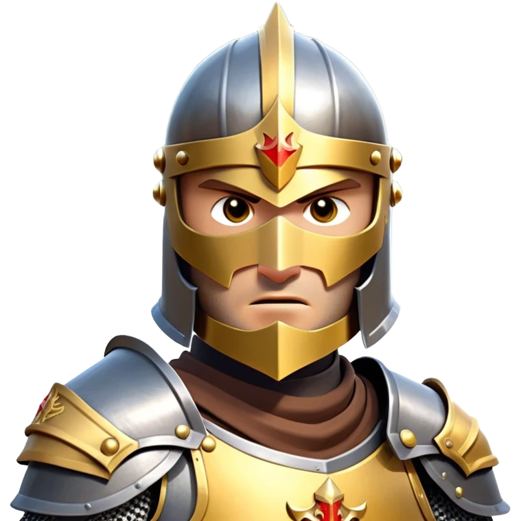 clash-of-clans-aesthetic_-cinematic-fearsome-and-majestic-knight-bust-portrait-emoji, rendered in a flat, vector-style with minimal shading and bold, simplified shapes, depicting a battle-ready medieval knight with steely eyes and intricate armor, mounted on a warhorse reflecting sunlight over a misty battlefield. emoji