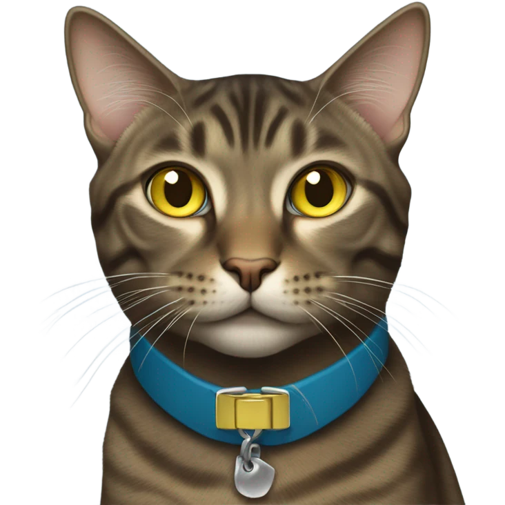 Dark brown tabby cat blue collar yellow green eyes emoji