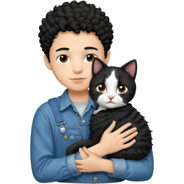 Apple emoji of a 13 year old boy with short black curly hair and dark brown eyes of light skin with denim shirt and overalls hugging a black and white cat emoji