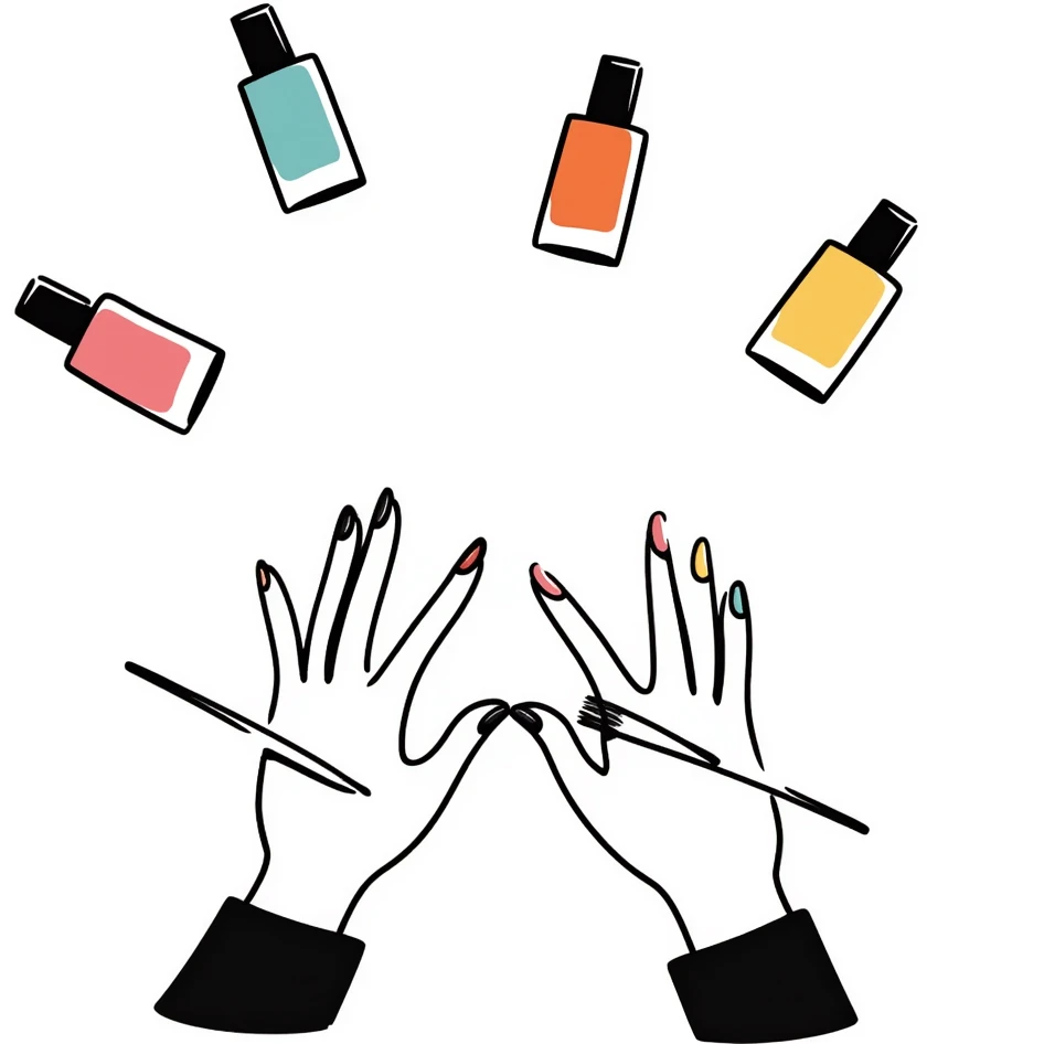 manicure scene with hands, painted nails, and nail polish bottles in pastel colors dd9fb0, ffc6d3, a3bfc9, c4bee2, f1b091, hand-drawn doodle style emoji