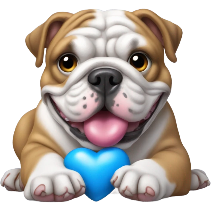 English bulldog playing with blue heart emoji