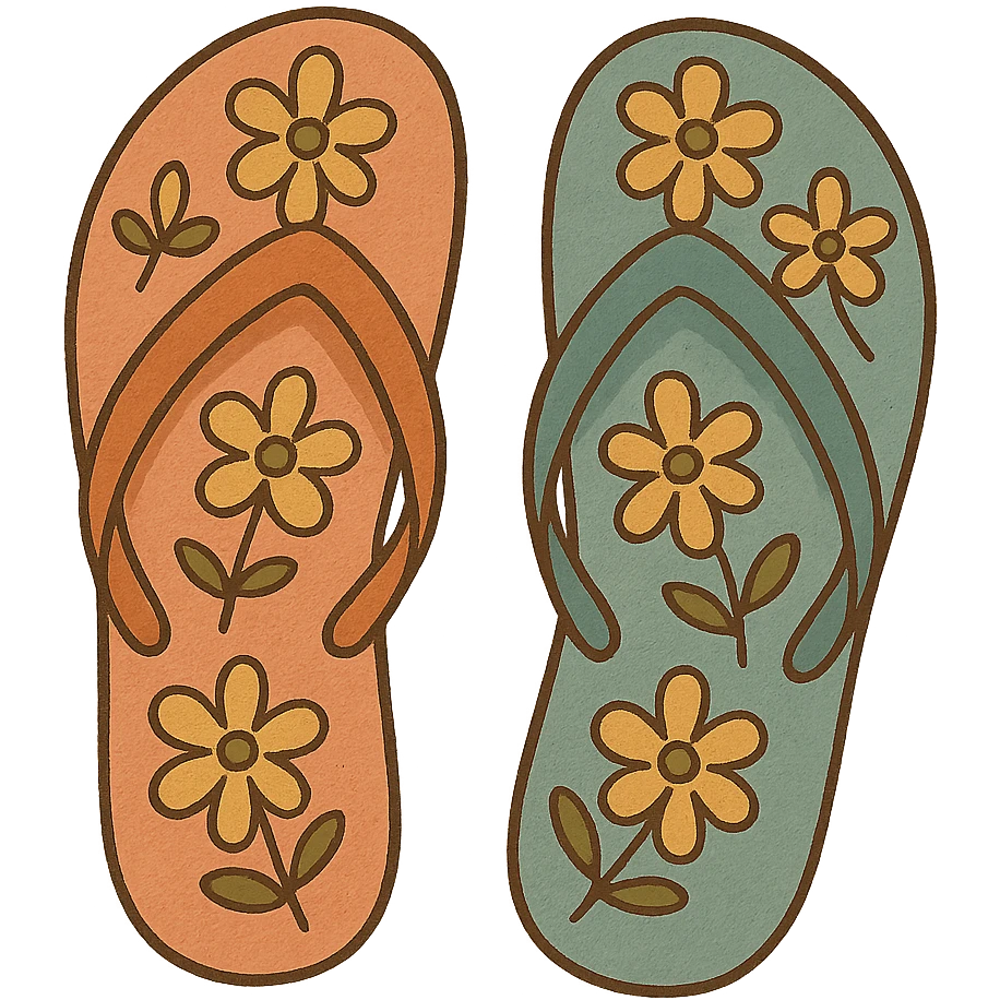 A pair of flip-flops, one pink and one blue, with a floral pattern. emoji