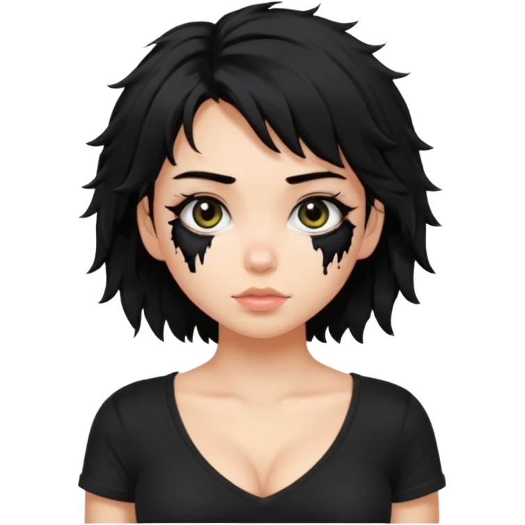 a pretty bratz fair girl with messy shaggy black hair with mascara smudged wearing a tight black tee emoji