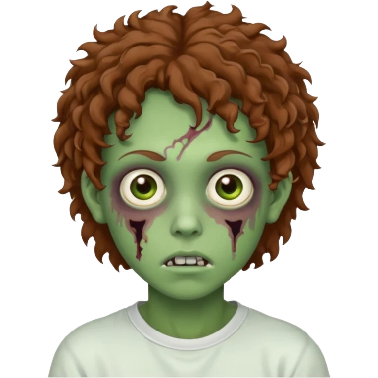  green teen zombie with brown curly hair and brown eyes wearing a white sweat emoji