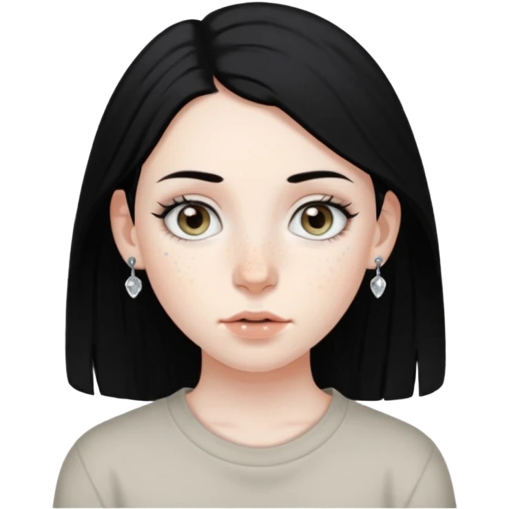 Girl with grey eyes medium black hair pale skin freckles and two nostril piercings  emoji