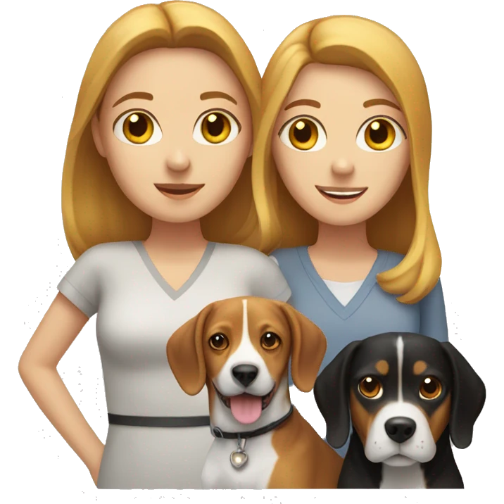 two white women couple, with one beagle dog, three cats emoji