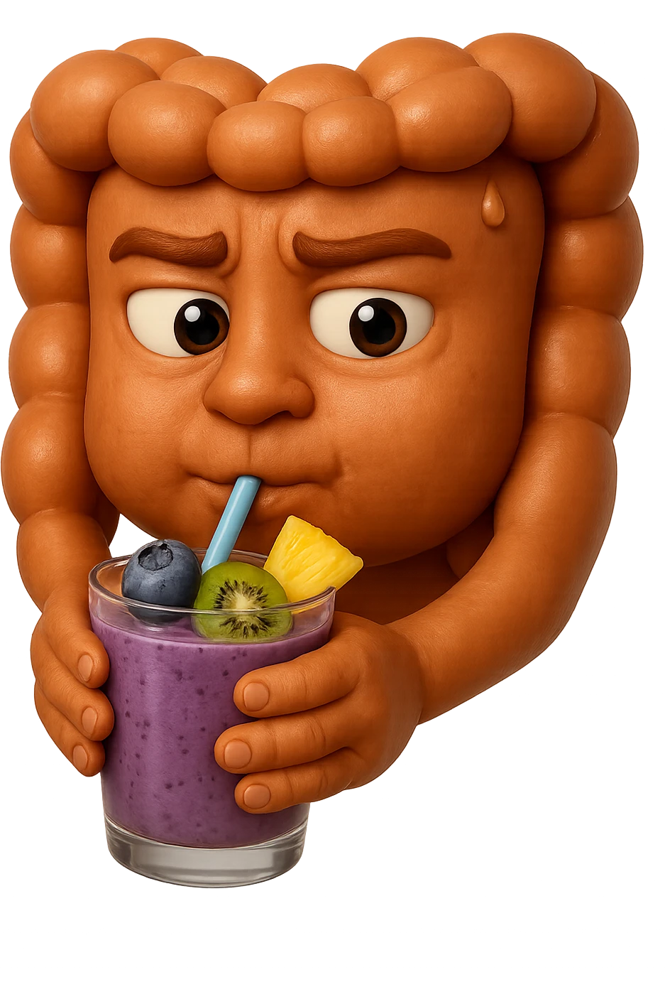 EMOJI STILE IPHONE DI un intestino umano anatomico che beve un frullato di mirtilli, ananas, kiwi, fagli anche la parte bianca degli occhi, non solo le pupille, REALISTICo 4K emoji