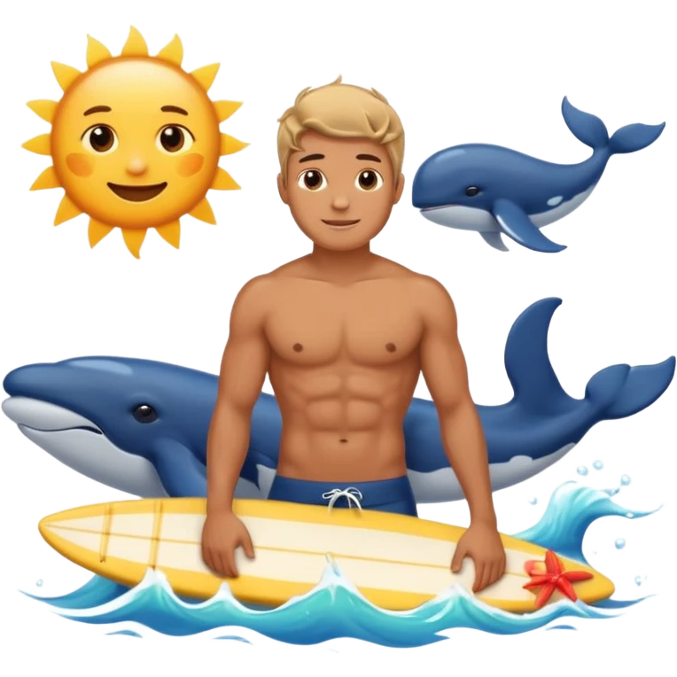 marine style emoji with waves, whale, male shirtless surfer, summer atmosphere with sun and warm  emoji