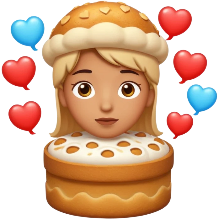 Apple-style emoji illustration of a person with dreamy eyes, and avobe them a thinking bubble with a traditional panettone inside the bubble, small hearts floating around, soft 3D emoji style, smooth gradients, rounded shapes, warm festive colors, simple expression. emoji