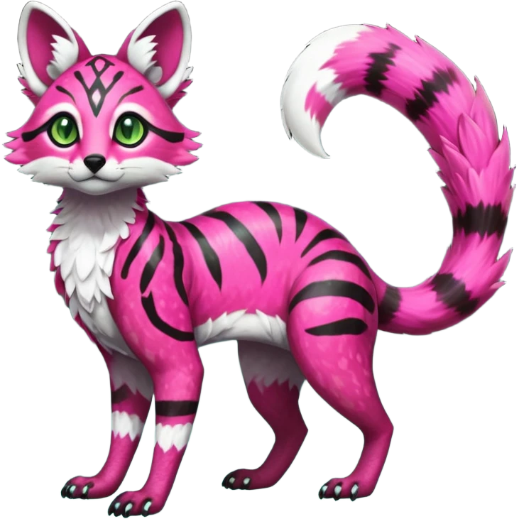 Rare realistic neon-colored iridescent shiny warm-colored lush tropical exotic cute epic pretty beautiful handsome gorgeous aesthetic colorful vibrant Vernid-Protogen-Primagen-Wickerbeast-Genet-Trico-species-Fakemon-hybrid-creature by LiLaiRa, beautiful intricate markings, full body emoji