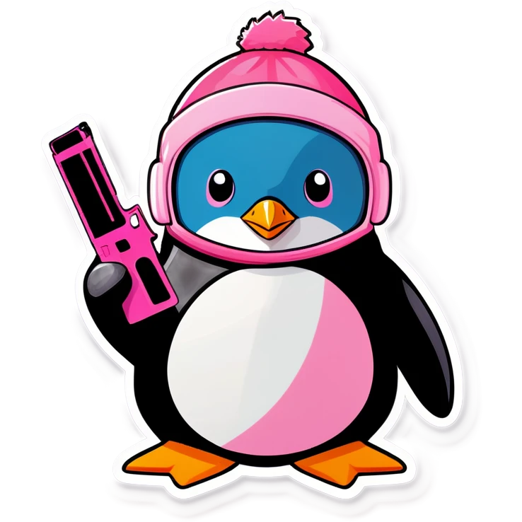 penguin wearing light pink ski mask holding a light pink gun emoji