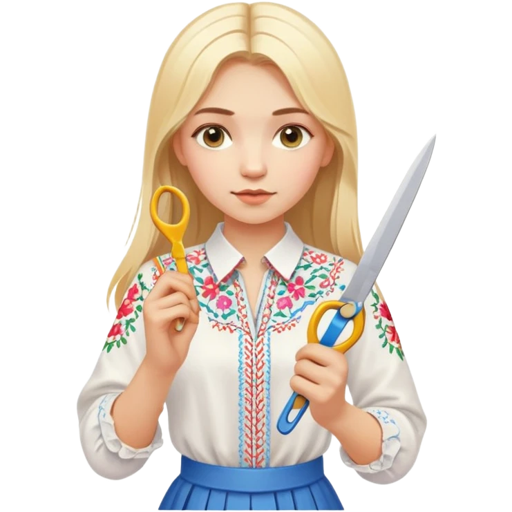 Ukrainian young girl with blonde hair in a white traditional embroidered shirt (vyshyvanka) holding scissors in one hand and colorful paper in the other hand emoji