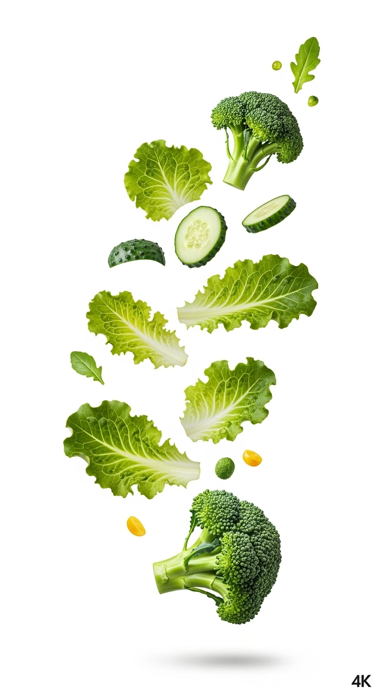 INSALATA E BROCCOLI FLUTTUANO IN ARIA, iperrealistico 4k, ISOLATA SU SFONDO BIANCO emoji