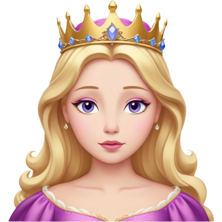 Cinematic Realistic Sleeping Beauty (Aurora) Portrait, with porcelain-like skin featuring a natural rosy flush, illuminated by soft lighting that highlights the gentle contours of her face. Her golden blonde hair flows in soft, detailed waves with subtle highlights that shimmer in the light. Her deep violet-blue eyes radiate warmth and innocence, framed by arched brows and long lashes. Her serene expression exudes quiet elegance. She is dressed in her classic pink gown, the fabric rich in texture with delicate folds that catch the light. A golden crown rests atop her head, gleaming with royal refinement. The portrait captures a soft, glowing aura, blending realism with an ethereal sense of beauty and timeless enchantment. emoji