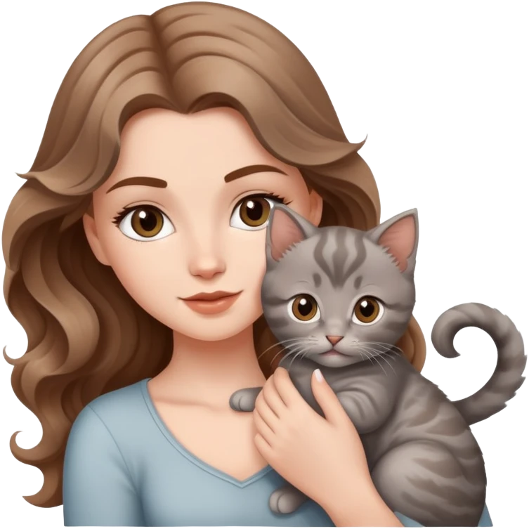 A beautiful  white girl with big brown waves was holding a gray kitten emoji
