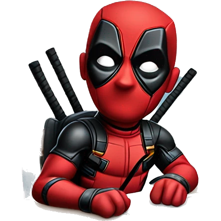 Cute Deadpool sitting at a desk, front view emoji