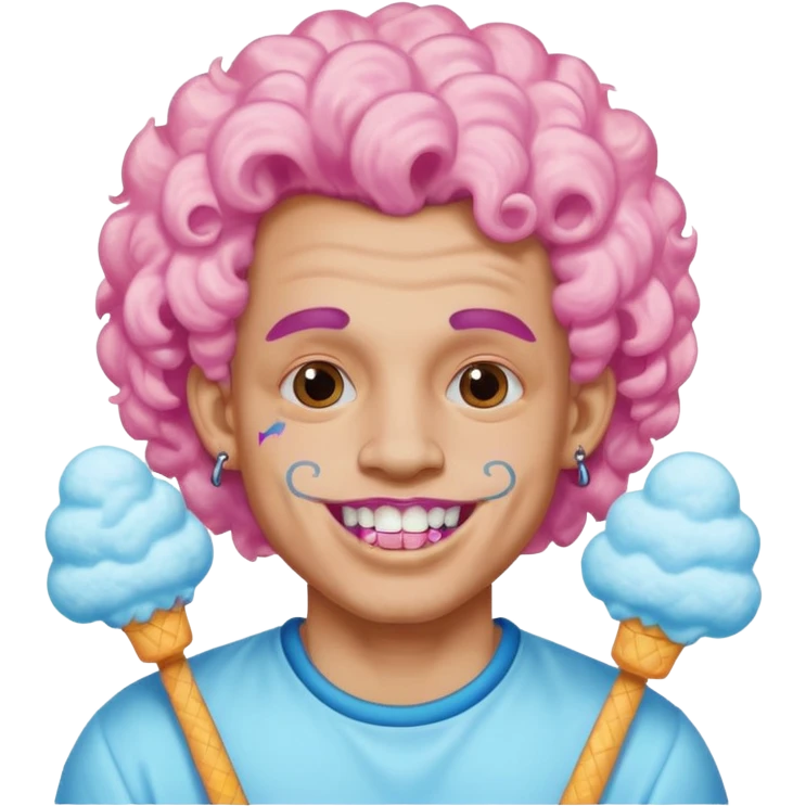 very cheerful colorful puffy curly haired man made out of cotton candy wearing teeth-braces and tattoos and face tattoos just face  emoji