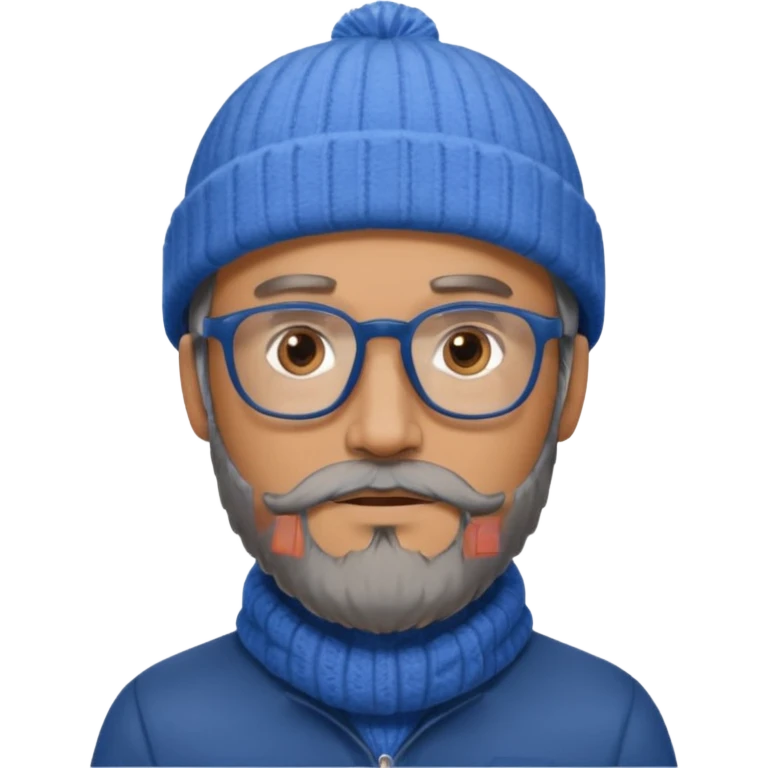 Create a figure that reflects an experienced entrepenurr but who has professional and elegant clothing, blue winter cap, grey glasses, brown eyes and an unkempt beard  emoji