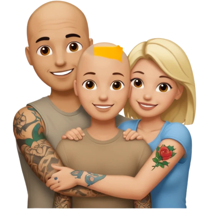 throuple tatted bald boyfriend with two girlfriends blonde and brunette loving  emoji