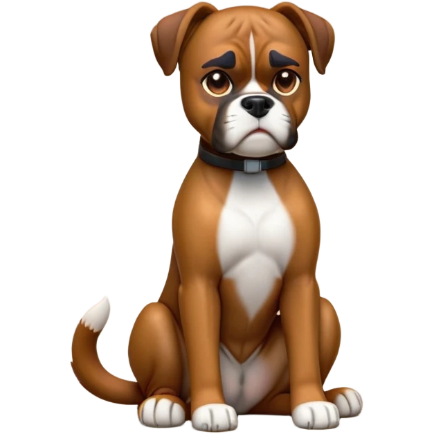 cinematic-[boxer dog]-realistic-full-body-sitting-emoji,-tail-resting-loosely-beside-its-paws,-head-tilted-dramatically,-sleek-[brown]-fur,-simplified-yet-realistic-focused-features,-highly-detailed,-glowing-with-an-almost-sarcastic-glow emoji