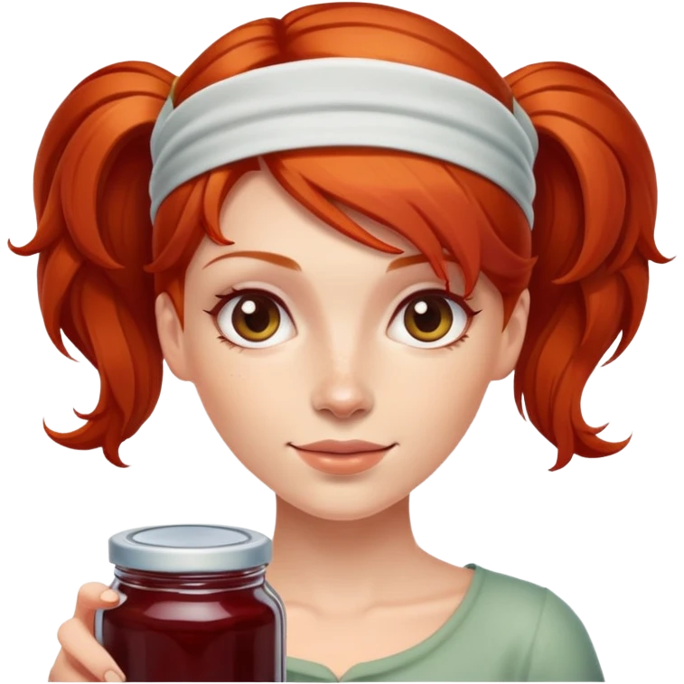 redhead woman showing a glass jar with jam at arms length, closeup emoji