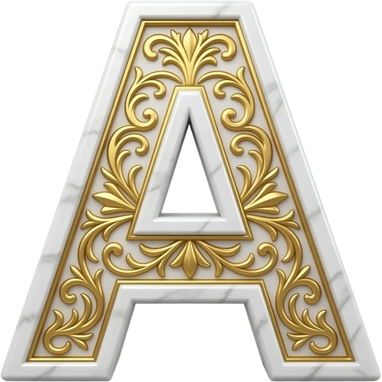 A 3D letter 'A' crafted from polished white marble with intricate gold leaf arabesque floral patterns etched into its surface. The patterns glow with a soft internal light. Professional studio lighting, elegant and sophisticated, centered on a white background emoji