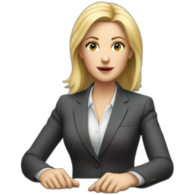 Blonde white woman wearing a suit sitting on the table telling the news towards the camera emoji