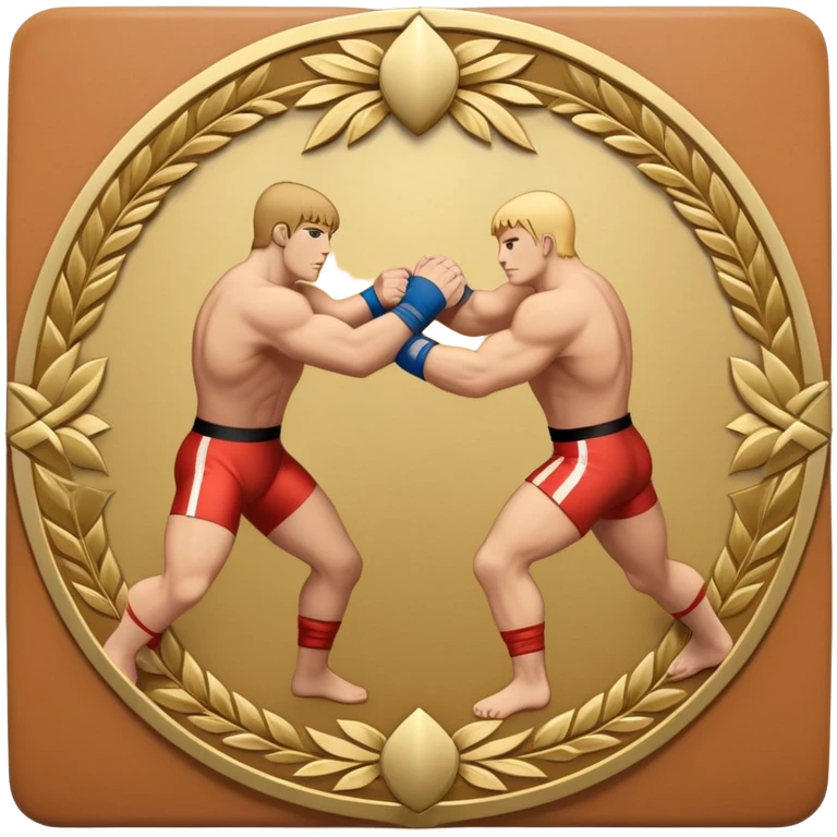 An icon symbolizing wrestling combat sports in the style of an emblem. The design features two wrestlers locked in a powerful grapple, one attempting to take the other down. Surrounding the scene are stylized elements like a championship belt, wrestling mat, and a laurel wreath.  emoji